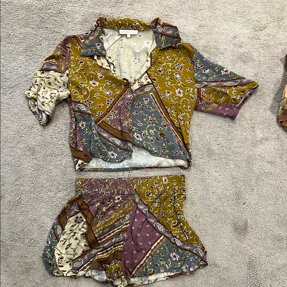 Patchwork Floral Two-Piece Set - Mustard, Dusty B… - image 1